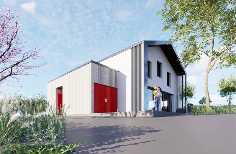 Construction d'une maison à étage en bois et en brique avec des matériaux naturels à Ste-Foy-Lès-Lyon (69)